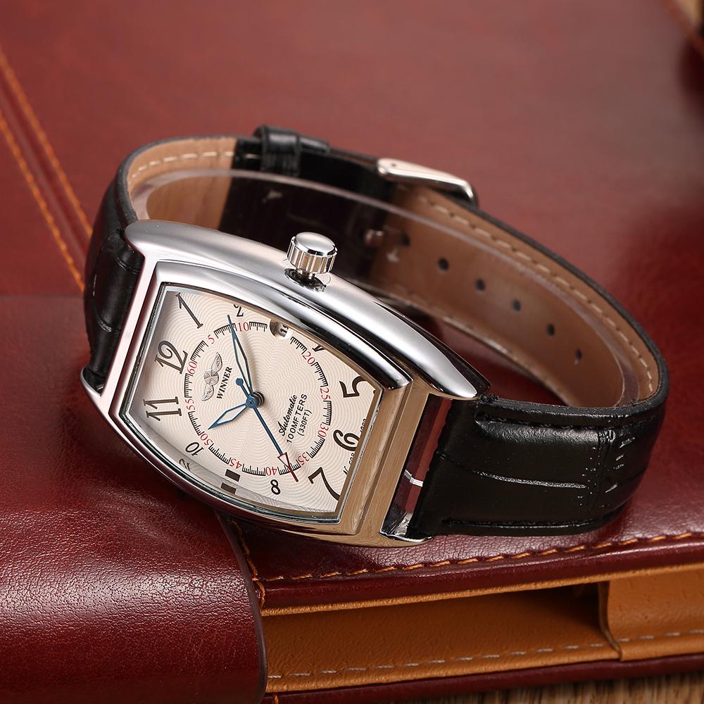 Klassische Herrenuhren Top Luxus Tonneau-Gehäuse Automatische Armbanduhren Vintage Lederarmband Automatisches Datum Mechanisch Retro Herrenuhr