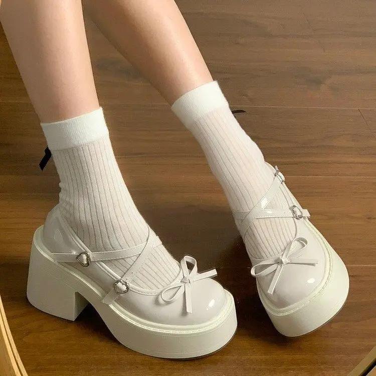 Fashion Women's White Thick-Heel Mary Janes - New for Spring & Fall, Knot Detail, Slip-On Chunky Heel Fashion Shoes