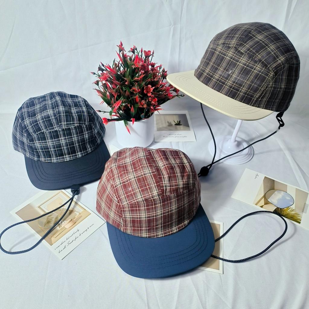 New plaid color matching cap, windproof rope, thin quick-drying and breathable men's and women's flat edge baseball hat, sunshade and sun protection