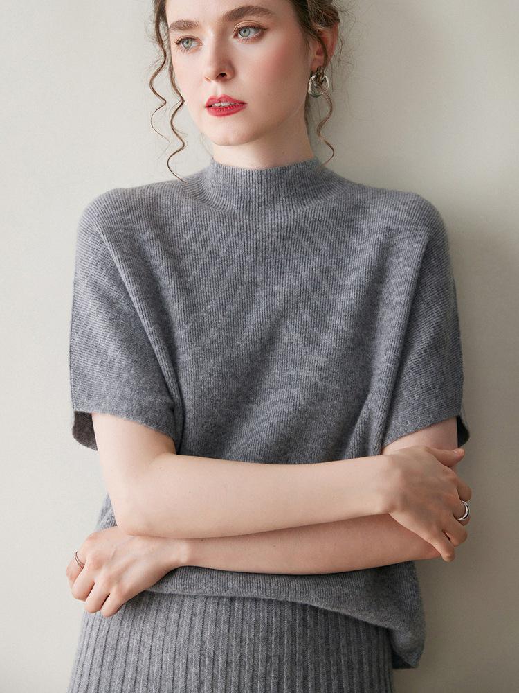Women's Casual Half-High Collar Knit Cashmere Sweater Vest - Simple, Versatile, Comfortable Pullover, Short Sleeve
