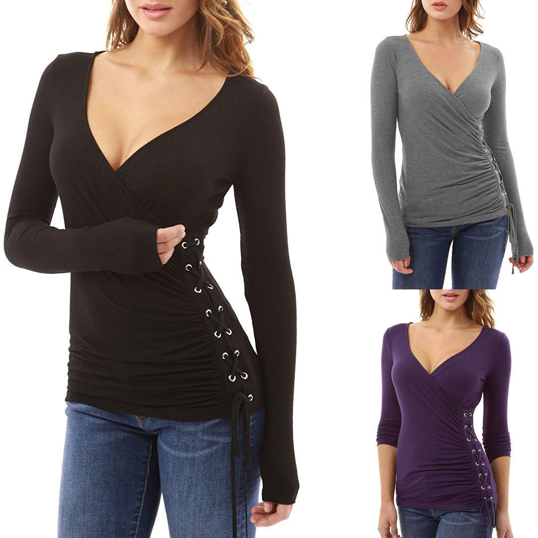 

Осень-зима Пуловеры с V-образным воротником Тонкие бинты Топ с длинными рукавами