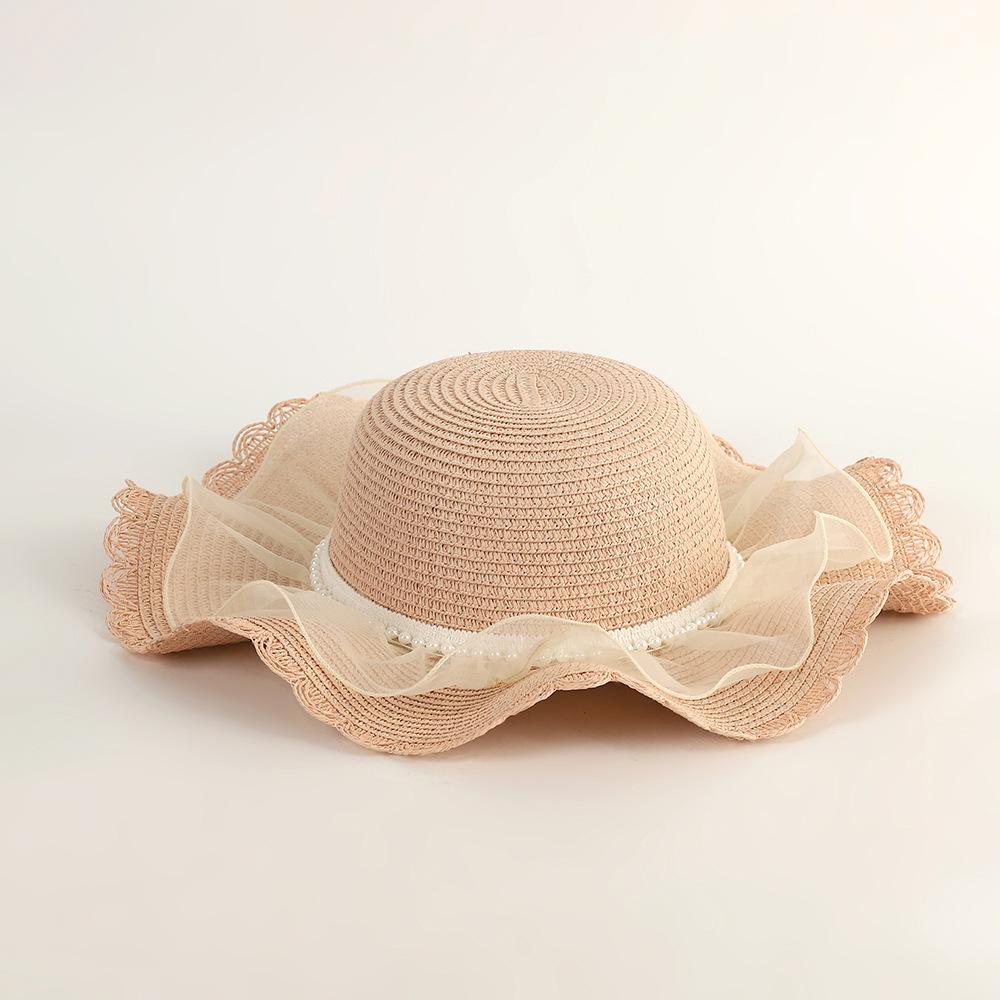 Pearl Mesh Girls' Summer Straw Hat Set - Parent-Child Style, Large Brim, Sun Protection