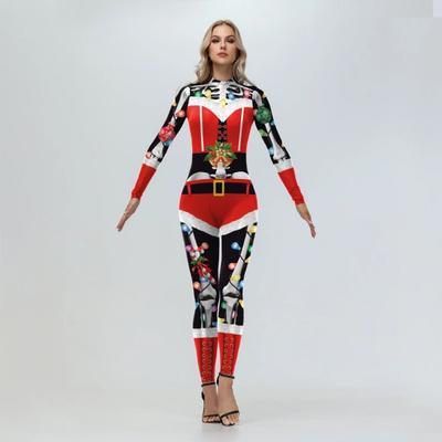 Damen Sexy Gestreifter Druck Jumpsuit Weihnachten Erwachsener Bodysuit Feiertagsparty Zentai Anzug Weihnachtsgeschenk Langarm Slim Catsuit Neu
