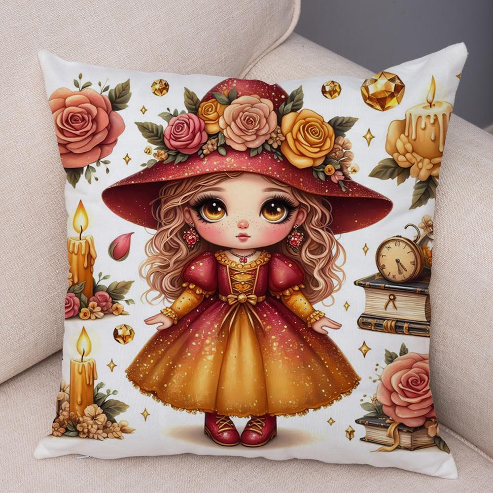 Rose Candle Witch Girl Cushion Cover Decor Cute Cartoon Children Pillowcase for Sofa Home Car Soft Plush Pillow Case xcm