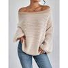 Versatile Knitted Top One-Row Neck Lace-Up Style Sweater Loose Fit Striped Lantern Sleeve Tops