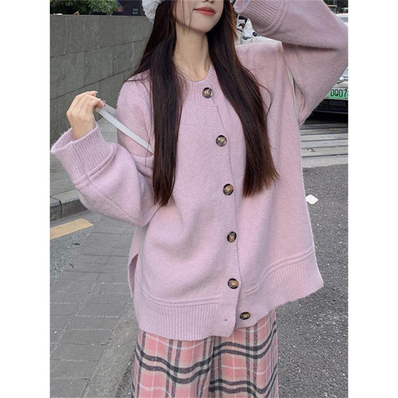 Solid color simple and versatile sweater jacket women's autumn and winter new loose casual lazy knitted cardigan top trendy