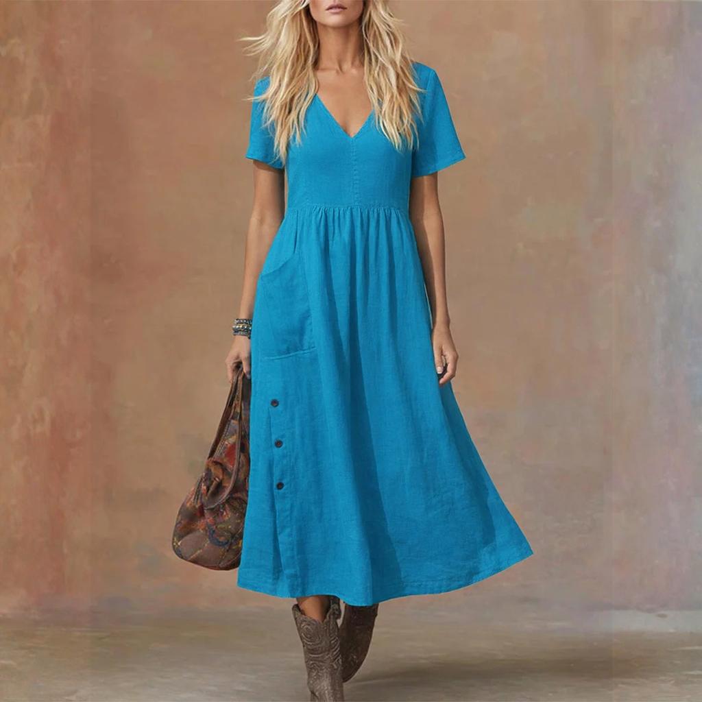 Women's V-neck Short-sleeved Mid-length Loose-fitting Dress With Pockets And Casual