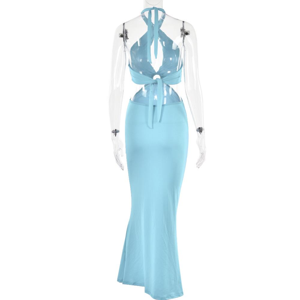 

2 Summer hot-selling new dresses, sexy and fashionable splicing neck straps halter dress S синий