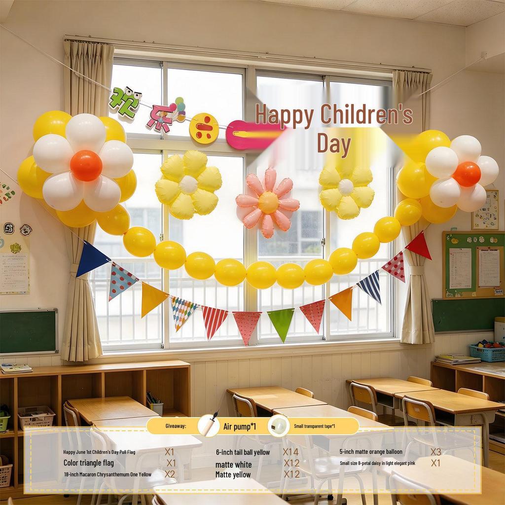Children's Day Classroom Decorations: Blackboard, Flowers, Balloons, Flag Banners for Kindergarten Atmosphere and Photo Setup