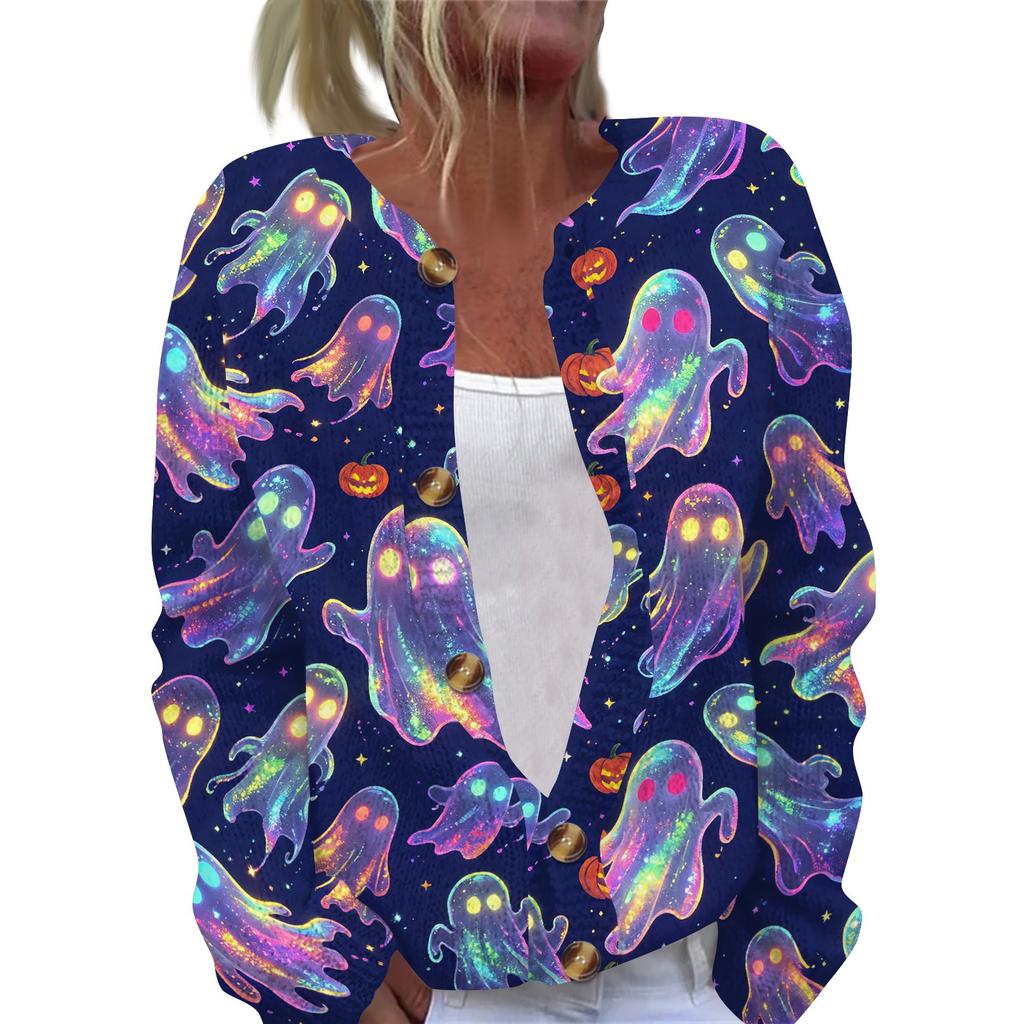Women's Halloween Print Long Sleeve Knit Cardigan Button Front Sweater Coat Lightweight Casual Outerwear for Fall and Winter