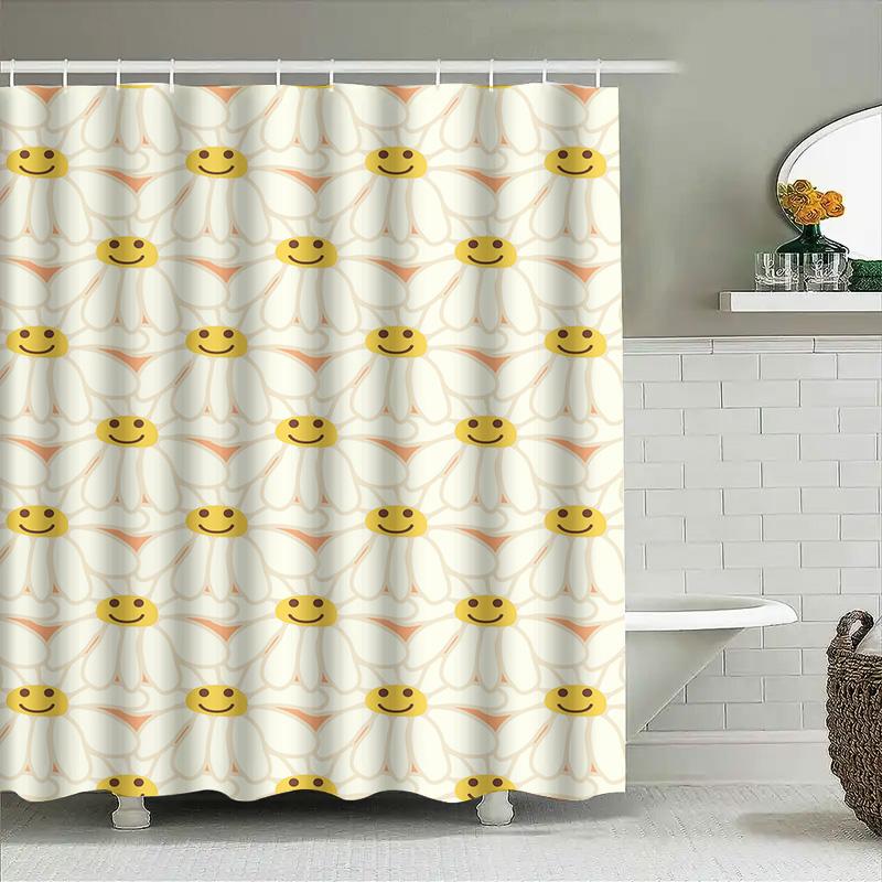Vintage Style Floral Smiley Face Shower Curtain Waterproof Decoration For Bathroom Accessories White Yellow Flowers Pattern