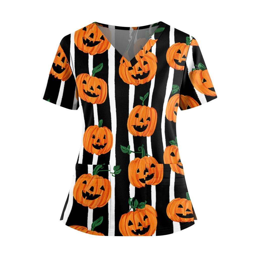 Women V Neck Short Sleeve Top with Dual Side Slits and Pockets Halloween Themed Printed Shirt for Professional Use