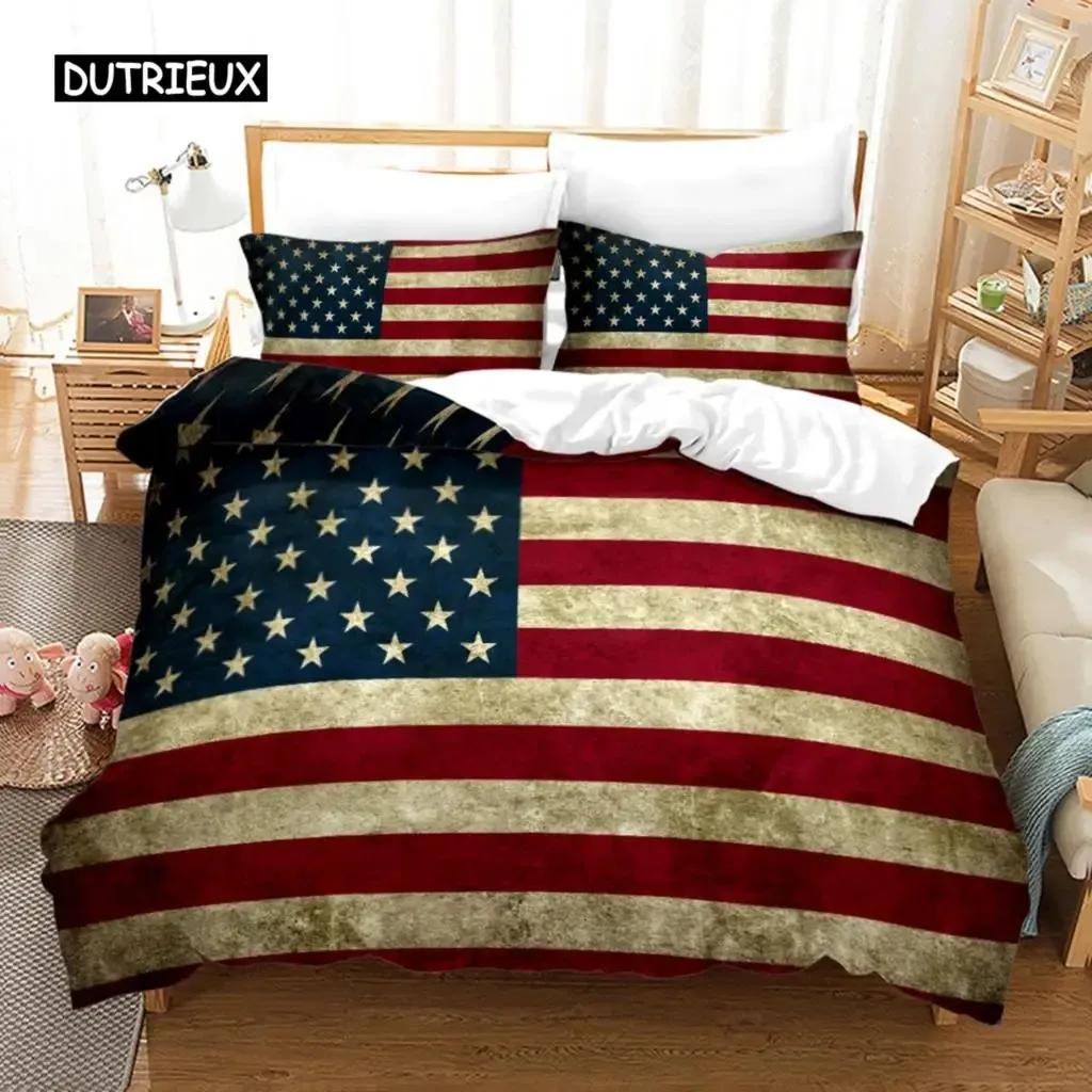 Bettbezug-Set mit amerikanischer Flagge, Mikrofaser, rot-weiß gestreift, Dekor, Bettwäsche-Set, Unabhängigkeitstag, Freiheitsthema, Bettbezug für Teenager