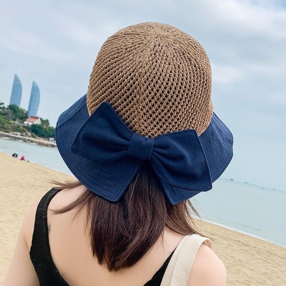 Hollow Bowtie Fisherman Hat Crochet Knitted Bucket Hat Fashion Bow Sun Hat  Travel
