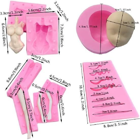 3D Doll Body Leg Arm Face Head Silicone Mold Q Version Dolls Model Fondant Craft Clay Resin Mould DIY Cake Decorating Supplies Baking Tool (5PCS)