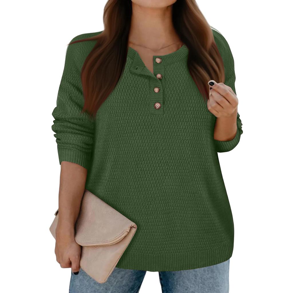 Damen Locker Geschnittenes Einfarbiges Knopfleisten Langarm Rundhals Pullover Strickpullover Top
