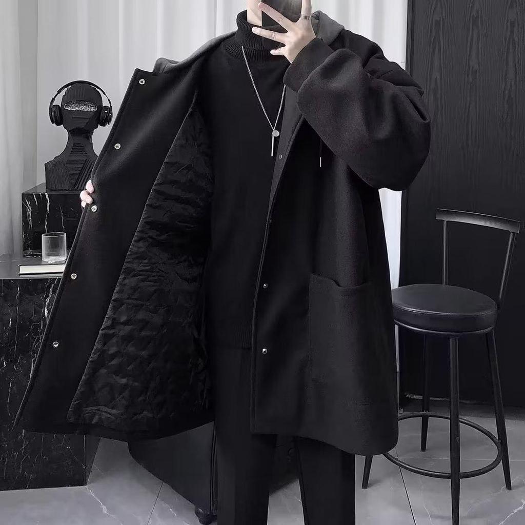 Men's Hooded Quilted Wool Coat - Light Mature Style, Medium-Long, Autumn/Winter