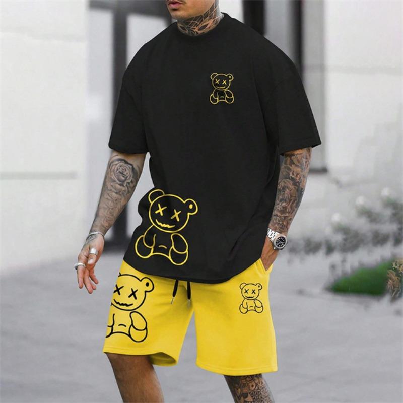 2025 Fun Bear Harajuku T-Shirt Herren Sommer Loose Daily Couple Suit Outdoor Street Kurzarm Shorts Zweiteiliger Herren Sommeranzug