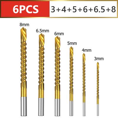 6Pcs HSS Twist Drill Bits Set 3-8mm Serrated Grooving Cutting Tap Spiral Saw Wood Metal Plastic Hole Saw Titanium Drill Tools