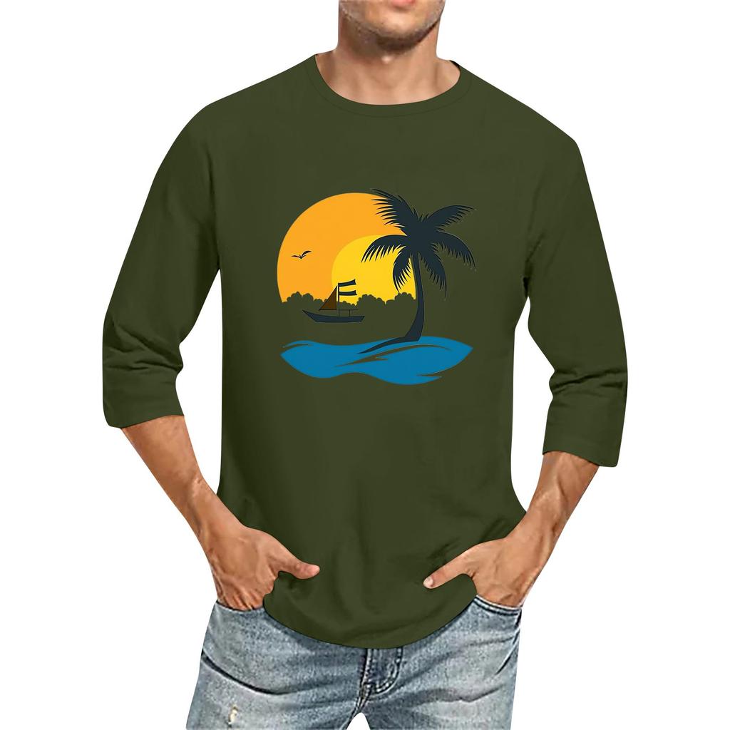 Jednobarevné pánské tričko s kulatým výstřihem a tříčtvrtečním rukávem