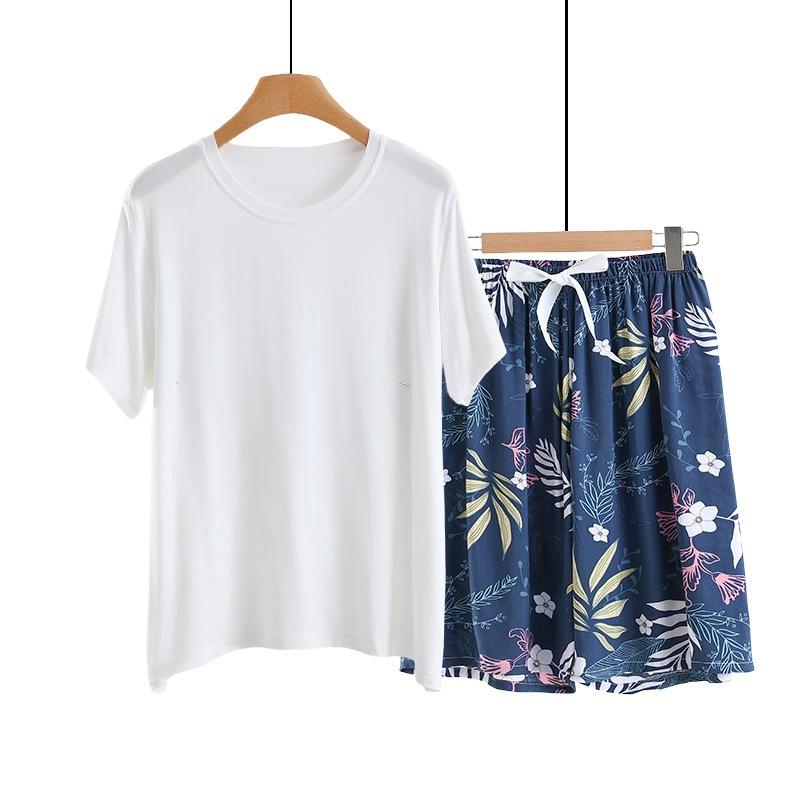 Summer Solid color Tshirts and Print shorts Simple Homewear O-Neck Loose Tshirts and Poplin short pants Casual sleepwear suits
