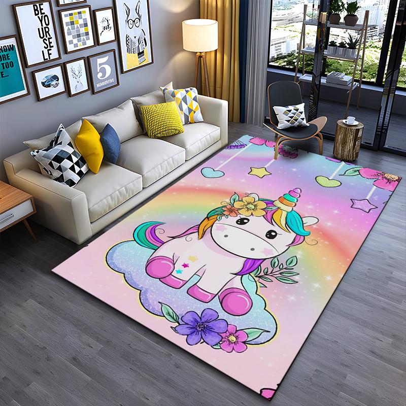 Rainbow Unicorn On Cloud with Floral Accents Non-slip Rug Suitable for Living Room and Bedroom Sofas