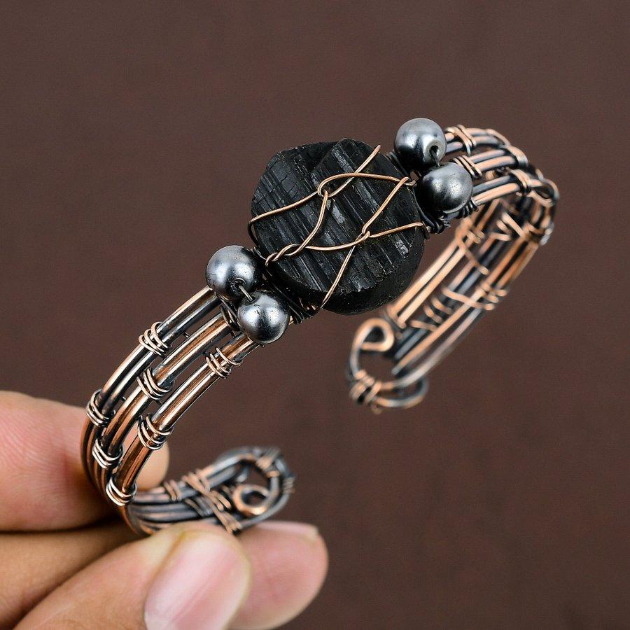 Black Tourmaline Handmade Copper Wire Wrap Cuff Bangle Adjustable w7N72