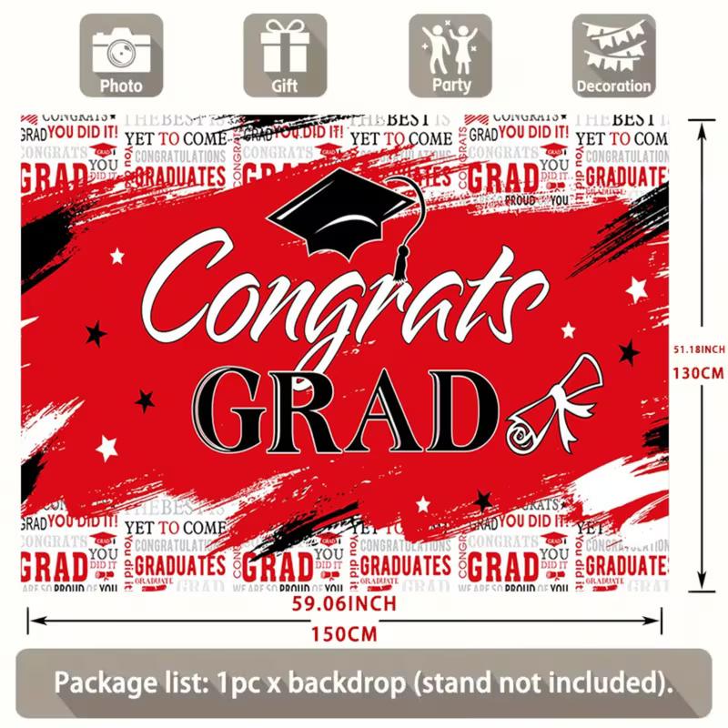 Red Congrats Grad Backdrop, Black and Red Graduation Tapestry with Cap and Diploma for Grad Party