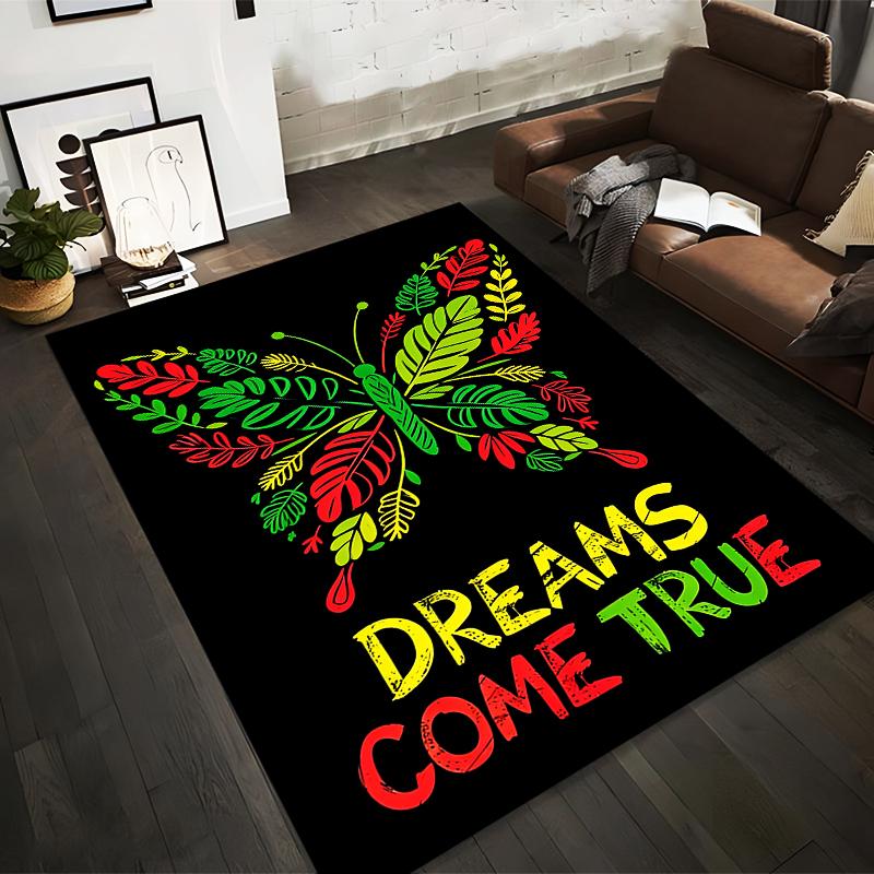 Colorful Butterfly Carpet with "Dreams Come True" Text on Black Suitable for use as an anti-slip for living room bedroom sofas