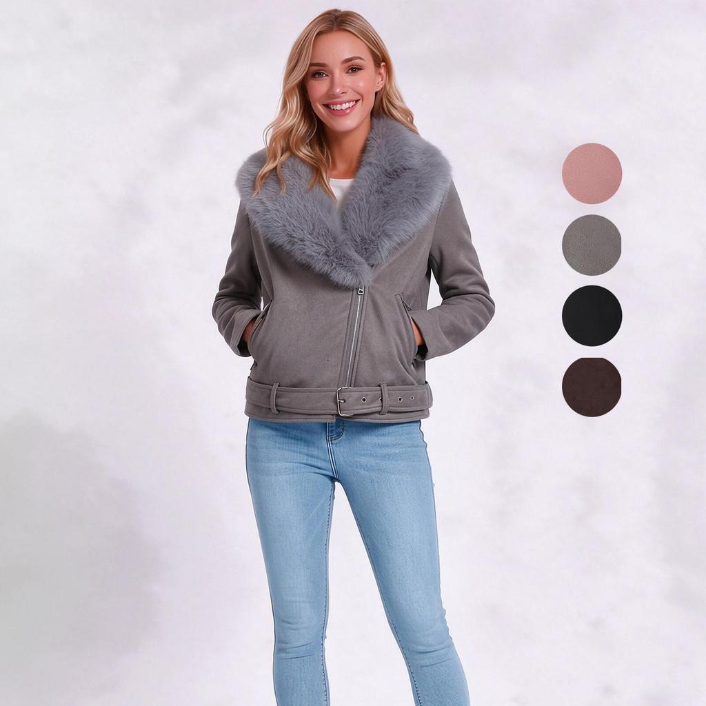 Women’s Faux Fur Coats 2 Way Wear Outfit Detachable Fur Collar Zipper Jacket Matte Faux Suede Crop Top Stylish Motobike Wear