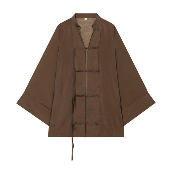 Handgemachtes Knopflochhemd Damen Hemd mit Stehkragen, Chinesische Frosch-Bluse für Frühsommer Freizeit-Outfit Herbst, Lockeres einfarbiges Langarm-Oberteil Frühjahrs-Kleidung
