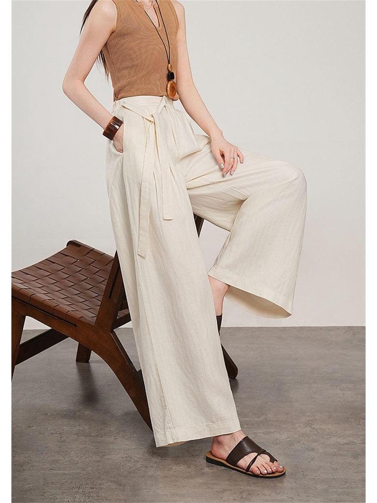 Lace-Up High Waist Cotton Linen Wide-Leg Cropped Pants