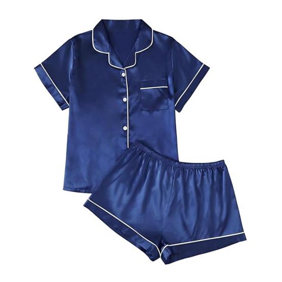 2 st/set Pyjamasset i imitationssilke Revers Kortärm Knappslå Skjorta Elastisk midja Shortsset Sommar Sval Sovkläder