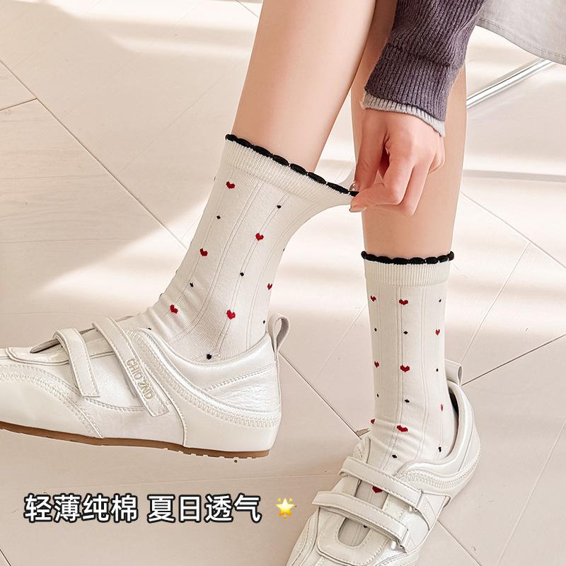 Sock Flowered Lace Socks for Spring and Summer Cotton Socks with Bows, Gray and White Mesh Breathable Women's Socks, Sweet Mid-calf Socks