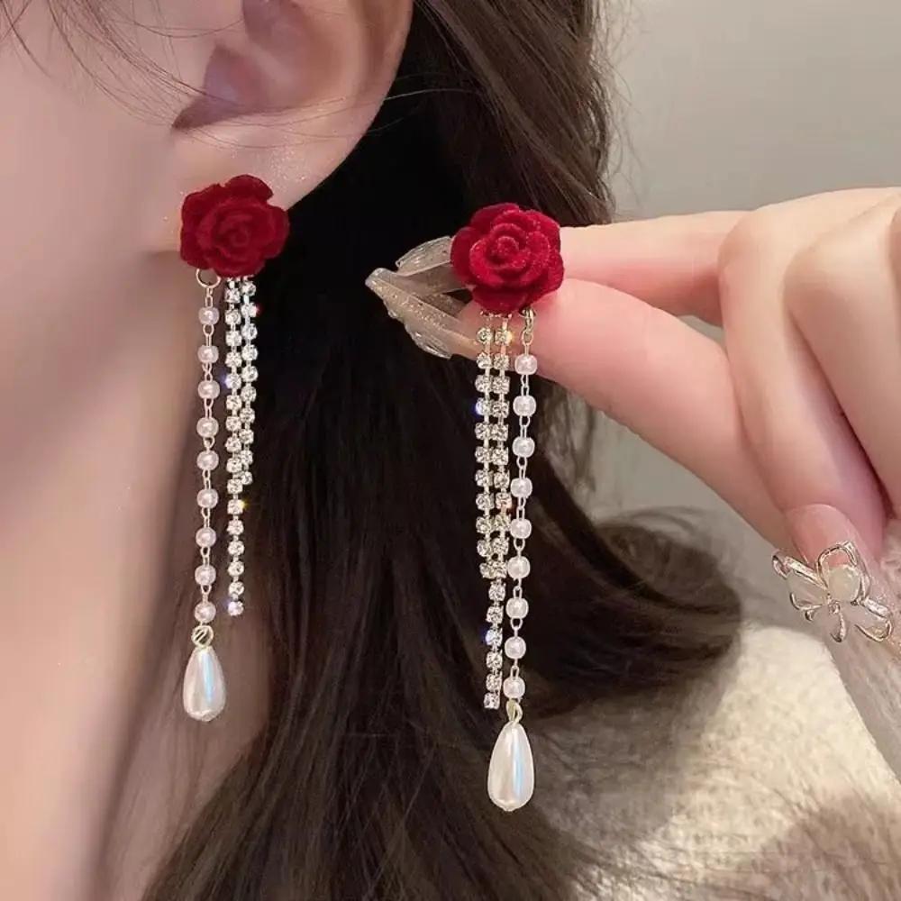 Elegant Shiny Rhinestone Dangle Earrings Tassel Pearl Korean Style Earrings Bow Red Rose Bow Stud Earrings Wedding Accessories