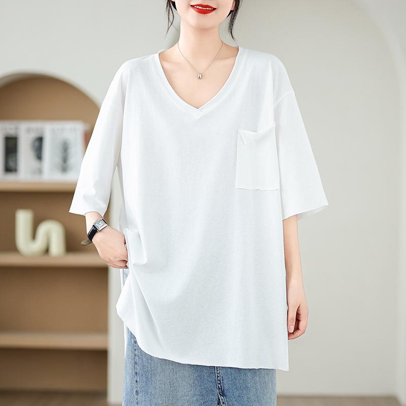 Dimanaf Camiseta de talla grande de verano 2025 para mujer, cuello en V, manga corta, lisa, holgada, maxi