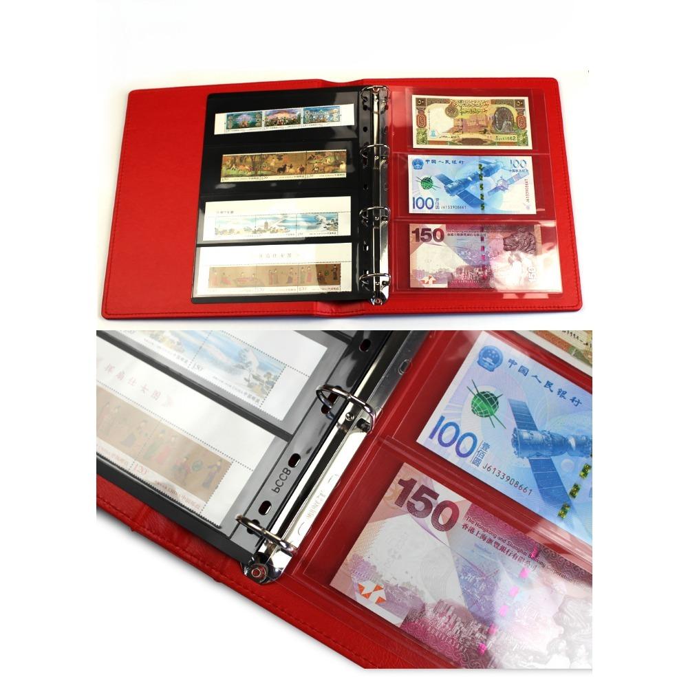 1 libro da collezione, 32 * 25,5 cm, PU cucito a mano, può contenere monete, francobolli, banconote, carte, ecc., incluse 15 pagine interne, con 3 dimensioni da 5 ciascuna
