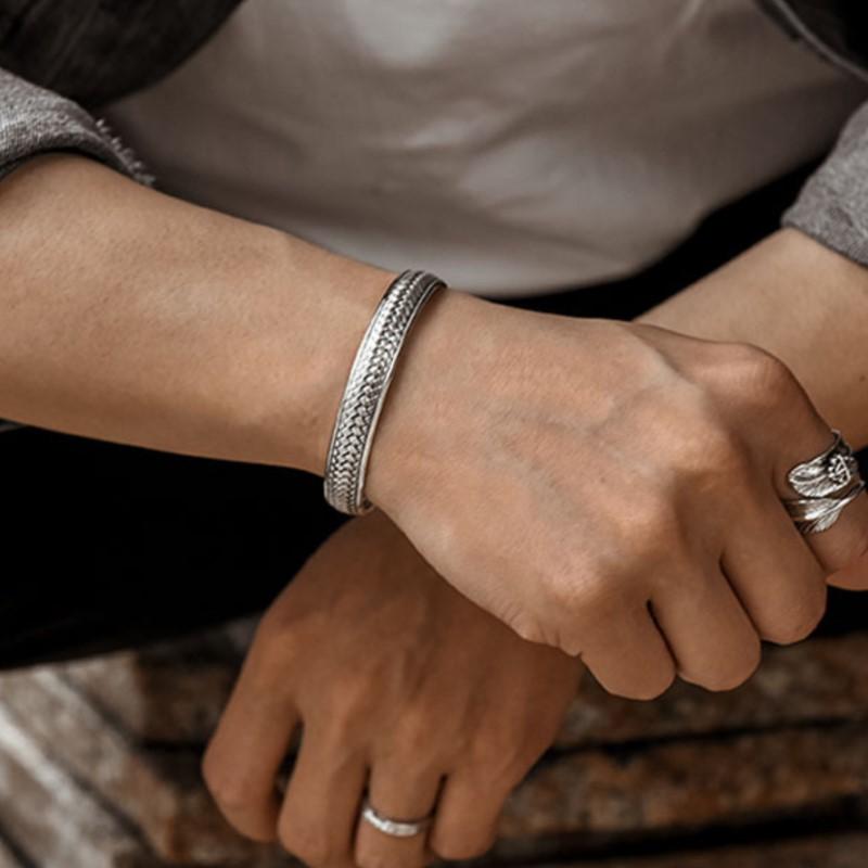 Vintage Thai Silber Gewebte Oberfläche Manschette Armreif für Damen Herren Kreatives Ethnisches Design Handgefertigte Armreifen Schmuck Geschenk