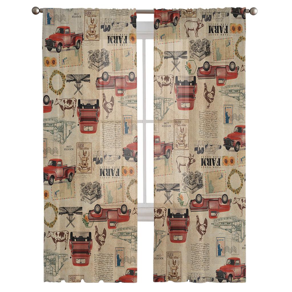 Farmhouse Truck Cows Rooster Curtain For Living Room Transparent Tulle Curtains Window Sheer For The Bedroom Accessories Decor