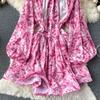Women's Spring Summer Bohemian Beach Dress Backless Puff Sleeve Flower Print Party Midi Dresses