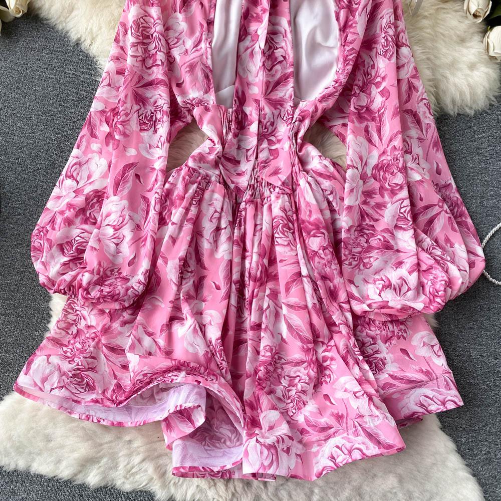 Women's Spring Summer Bohemian Beach Dress Backless Puff Sleeve Flower Print Party Midi Dresses