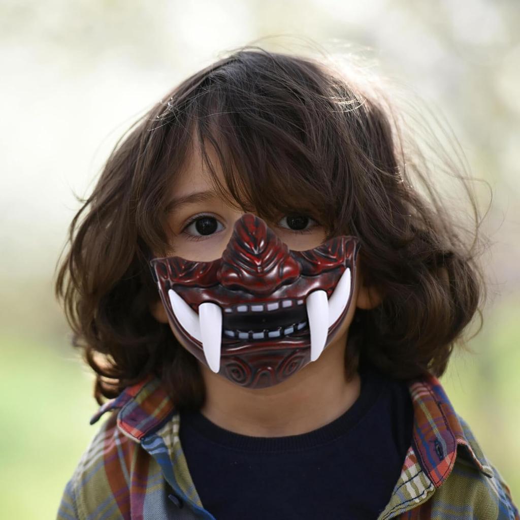 TOYANDONA 4pcs Oni Samurai & Japanese Monster Hannya Half Face Devil Mask - Prajna Cosplay Accessories for Masquerade & Halloween Party