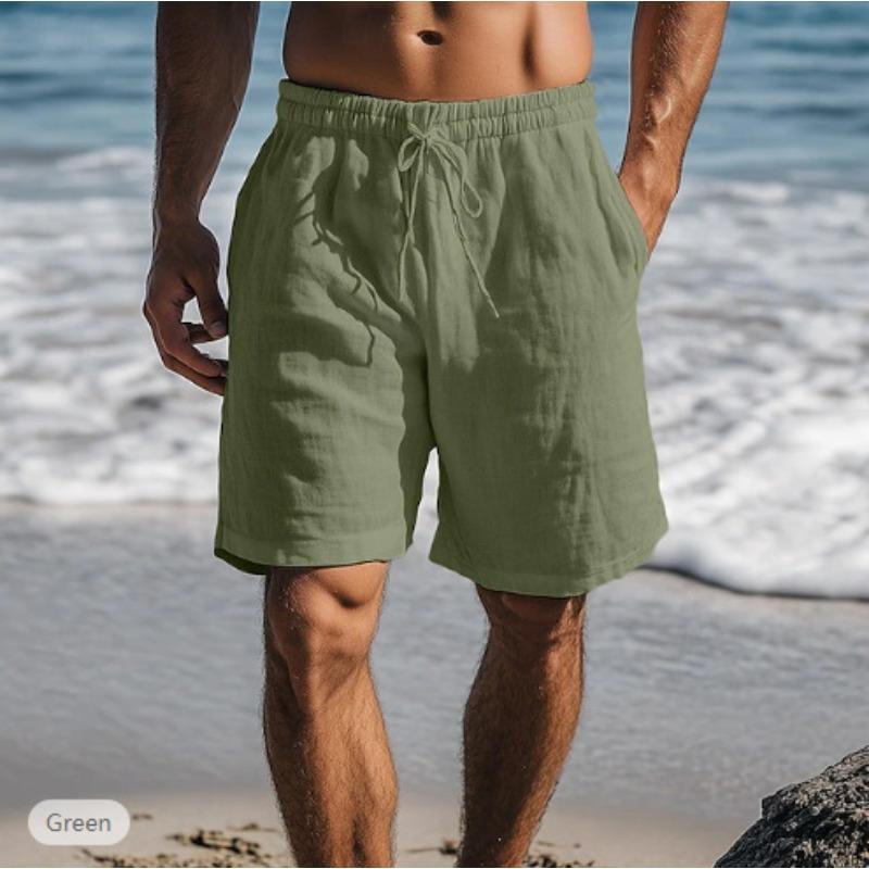 New Linen shorts, drawstring elastic waist, Solid color breathable daily beach five-point casual pants