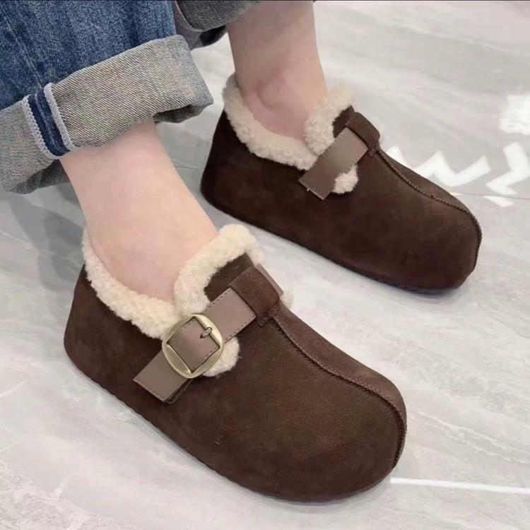 Cowhide Version All-inclusive Women's Velvet Thickened Warm Small Fashion Cotton Shoes One Pedal Lamb Wool Shoes
