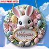 Panneau décoratif acrylique plat 2D "Bienvenue" Lapin de Pâques & Floral, Fleurs roses, Design d'œufs colorés, Convient pour la décoration murale, Porche, Chambre, Villa, Acce