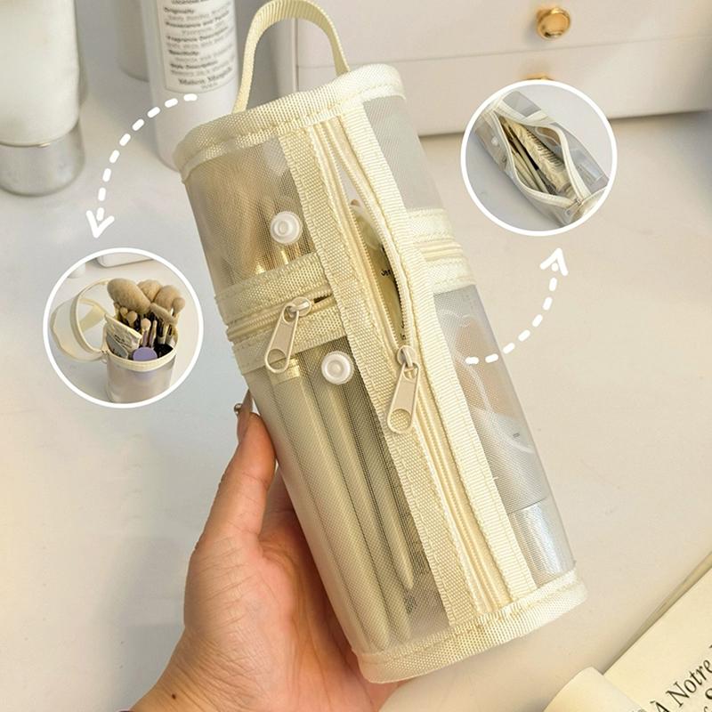 Mesh Dual-Use Makeup Brush Storage Bag Portable Brush Case Simple Large Capacity Brush Bucket Holder Travel Stand-Up Pouch
