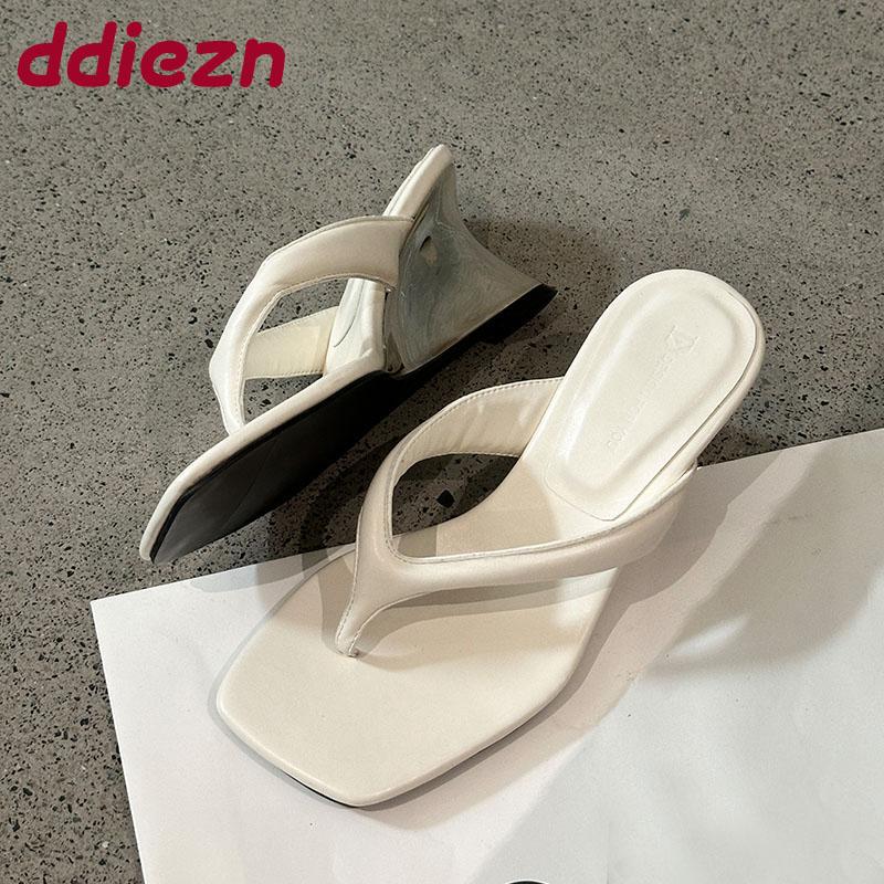 Fashion Silver Fashion Wedges Slippers Shoes For Women Flip Flops Female Slides Square Toe Ladies Wedges Heeled Slippers Shoes Sandals