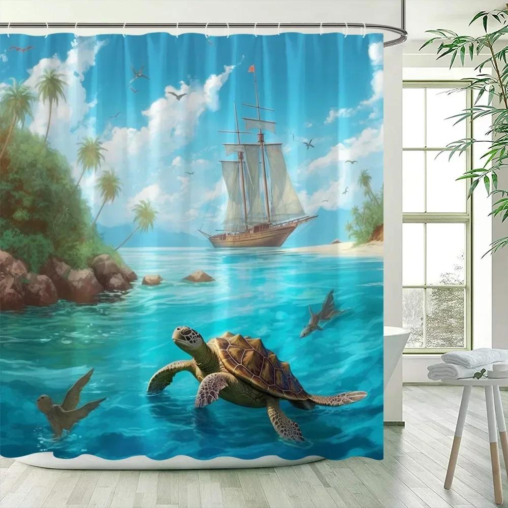 Ocean Sea Turtle Shower Curtains Island Coconut Trees Starfish Oil Painting Art Landscape Polyester Bathroom Curtain Decor .
