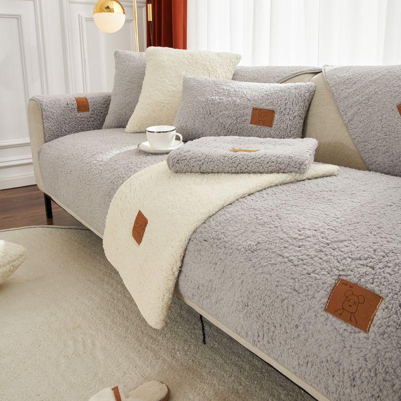 Winter Wool Fleece Sofa Cover Plush Cushions Thicken Warm Non-Slip Sofa Cover Solid Color Living Room Sofa Protection Cover