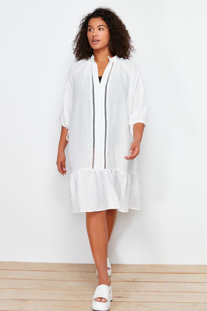 Women's Style Plus Size White V-Neck Flounce Hem Beach Dress